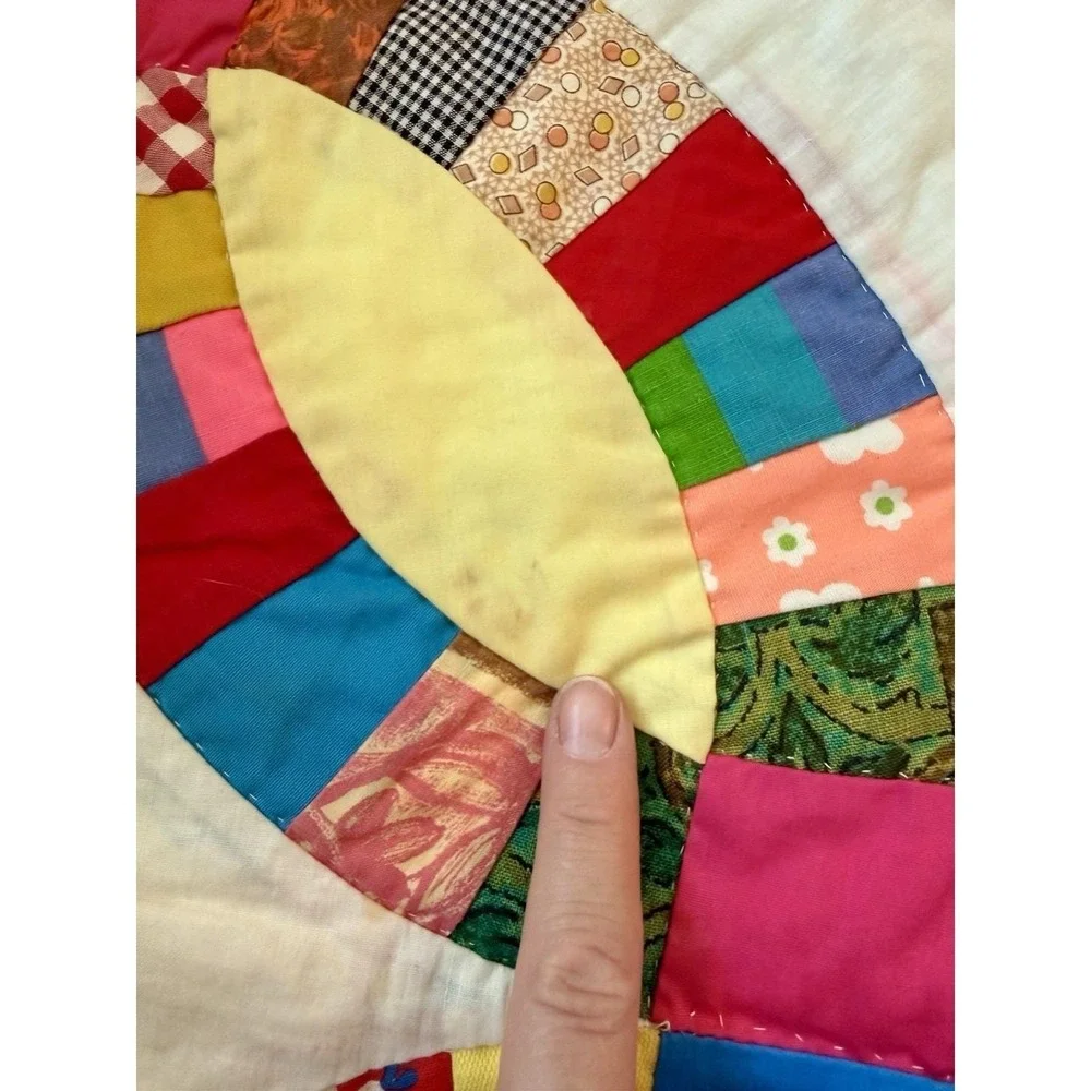 Vintage Handmade Colorful Floral Scrap Pink Double Wedding Ring Full Quilt 80x90